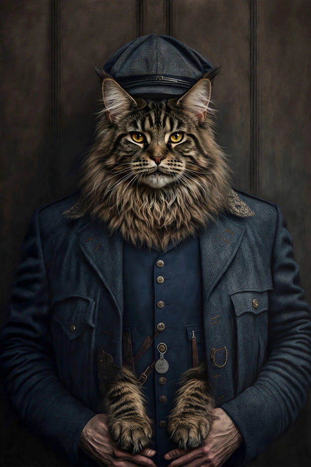 Quadro personalizado de gato maine coon com farda azul de policial