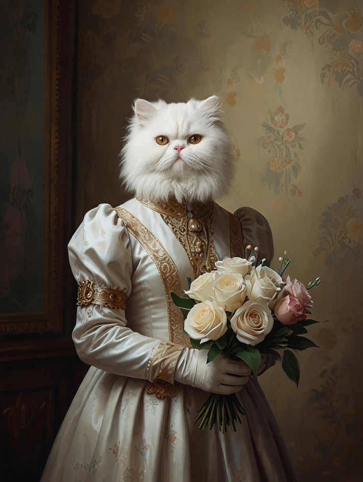 Quadro personalizado de gato persa em vestido marfim com rosas