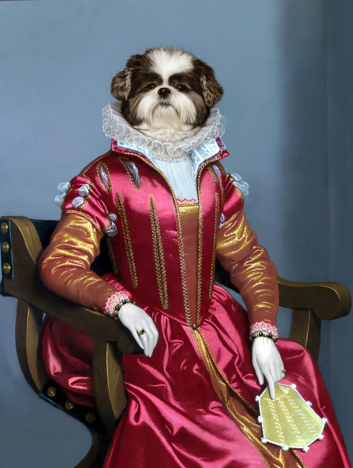 Quadro personalizado de cachorro com vestido de cetim magenta com mangas douradas