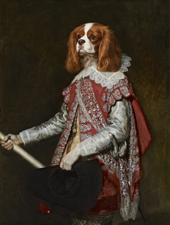 Quadro personalizado de cachorro cavalier como barão em túnica vermelha bordada