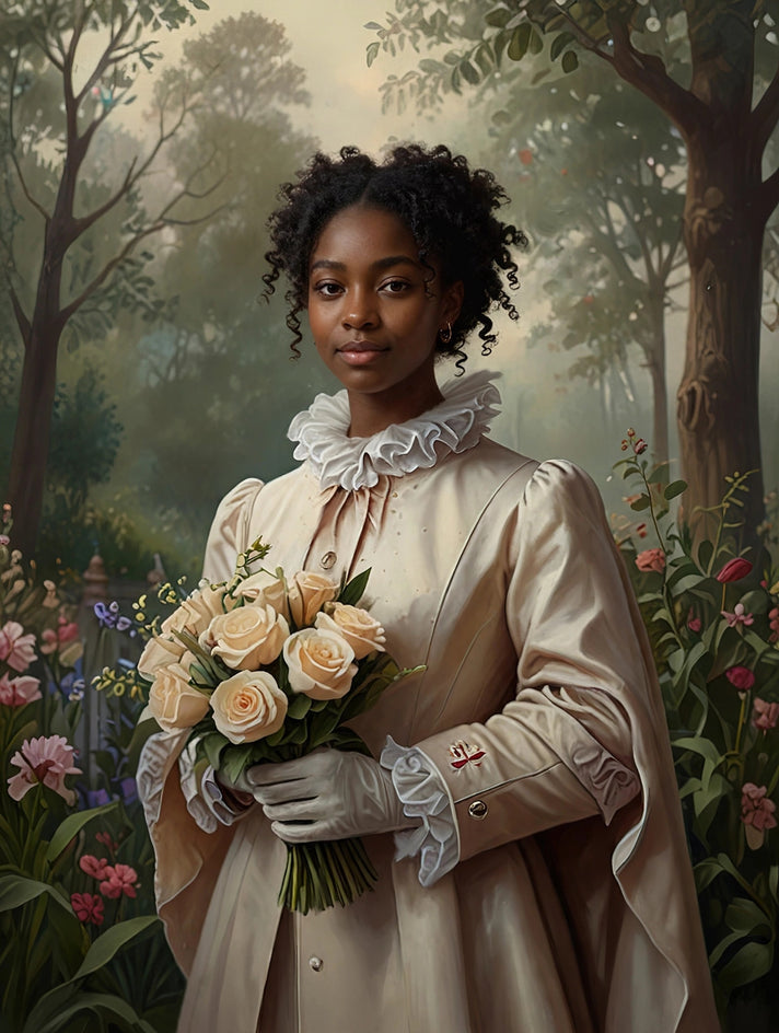 Quadro personalizado de mulher em jardim de rosas