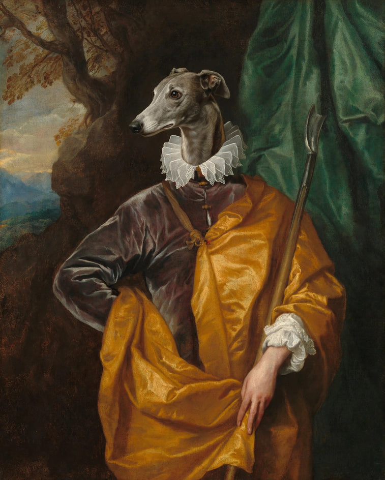 Quadro personalizado de cachorro galgo como pastora em drapê dourado