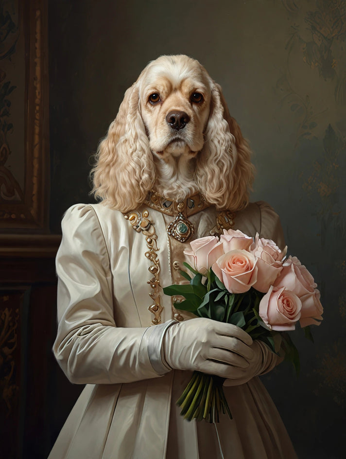 Quadro personalizado de cachorro cocker com buquê de rosas