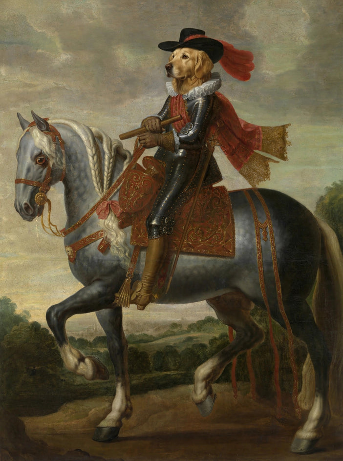 Quadro personalizado de cachorro spaniel como cavaleiro a cavalo com pluma vermelha