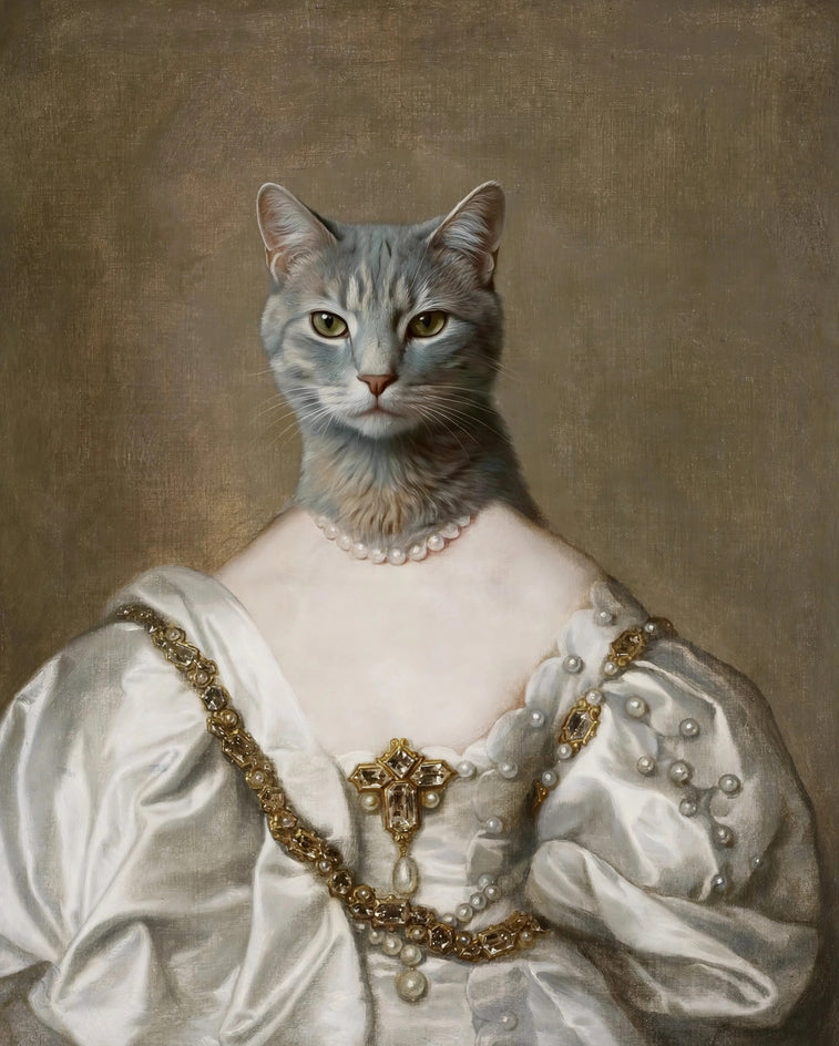 Quadro personalizado de gata cinza como duquesa em vestido branco