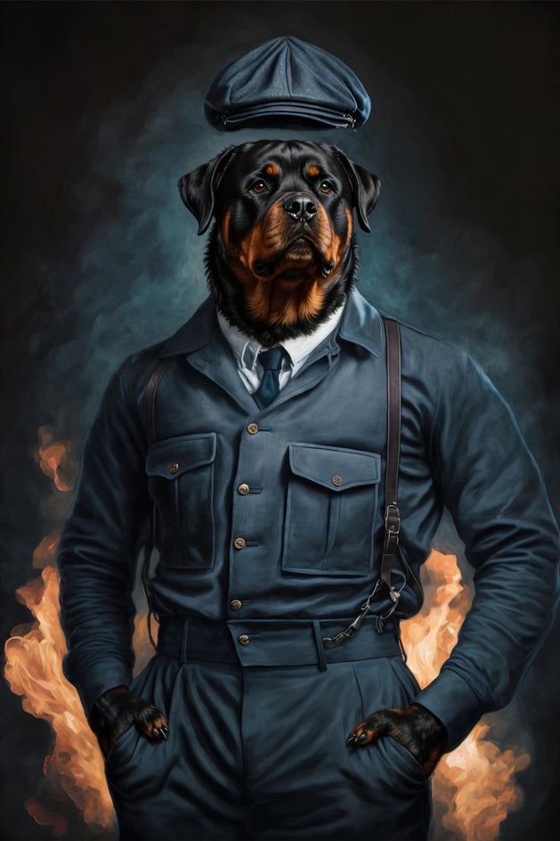 Quadro personalizado de cachorro rottweiler com farda azul de policial