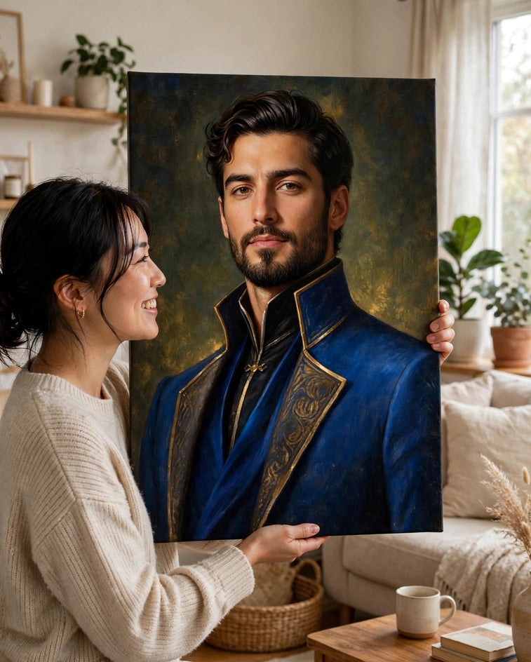Pessoa segurando o quadro Homem Cavalheiro Cobalto — Quadro Personalizado de Homem no tamanho grande