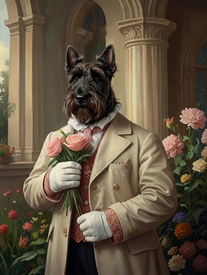 Quadro personalizado de cachorro scotch terrier com buquê de rosas