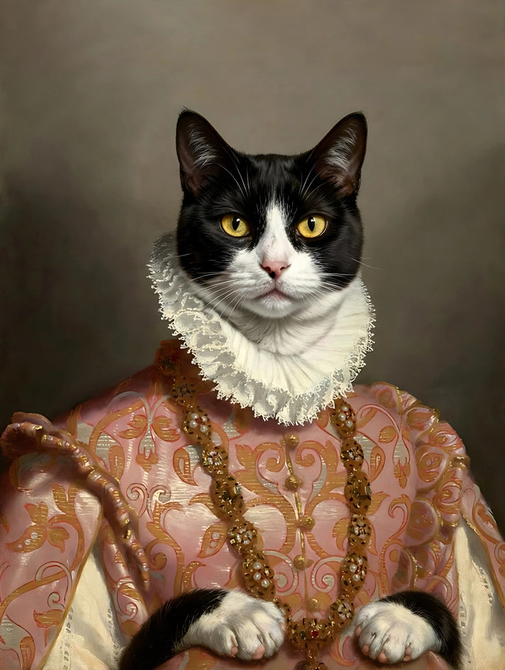 Quadro personalizado de gato com vestido de brocado rosé com fios dourados e gola de renda branca