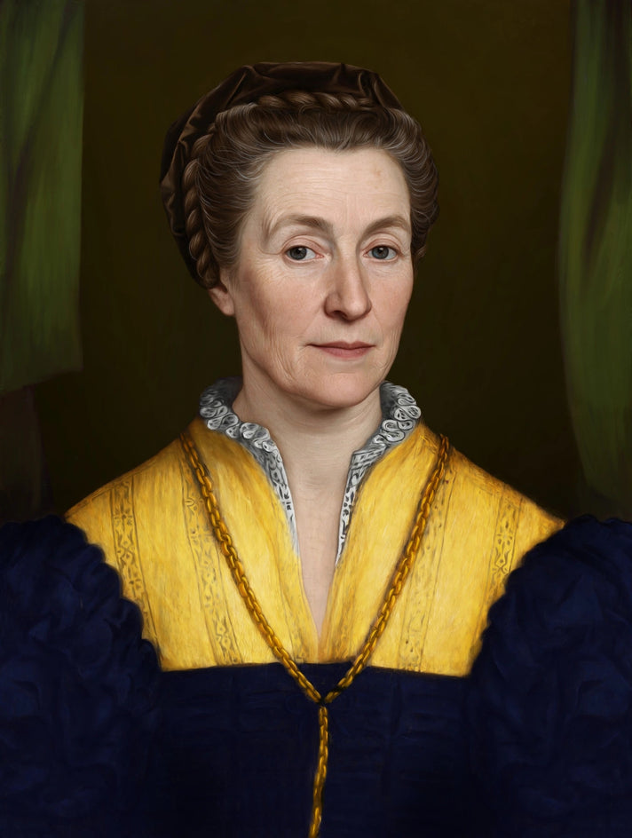 Quadro personalizado de mulher com corpete amarelo de brocado com saia azul-marinho e colar de renda