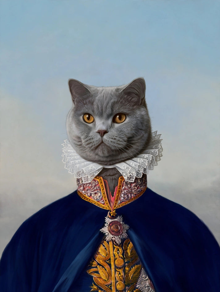 Quadro personalizado de gato com casaco azul-marinho de gala com medalha dourada e gola de babados