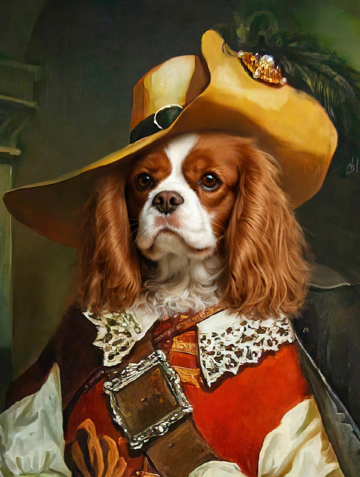 Quadro personalizado de cachorro cavalier mosqueteiro do chapeu dourado