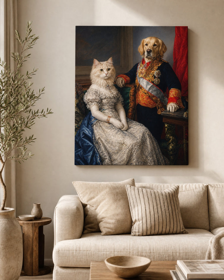 Casal Real de Cachorro e Gato — Quadro Personalizado de 2 Pets
