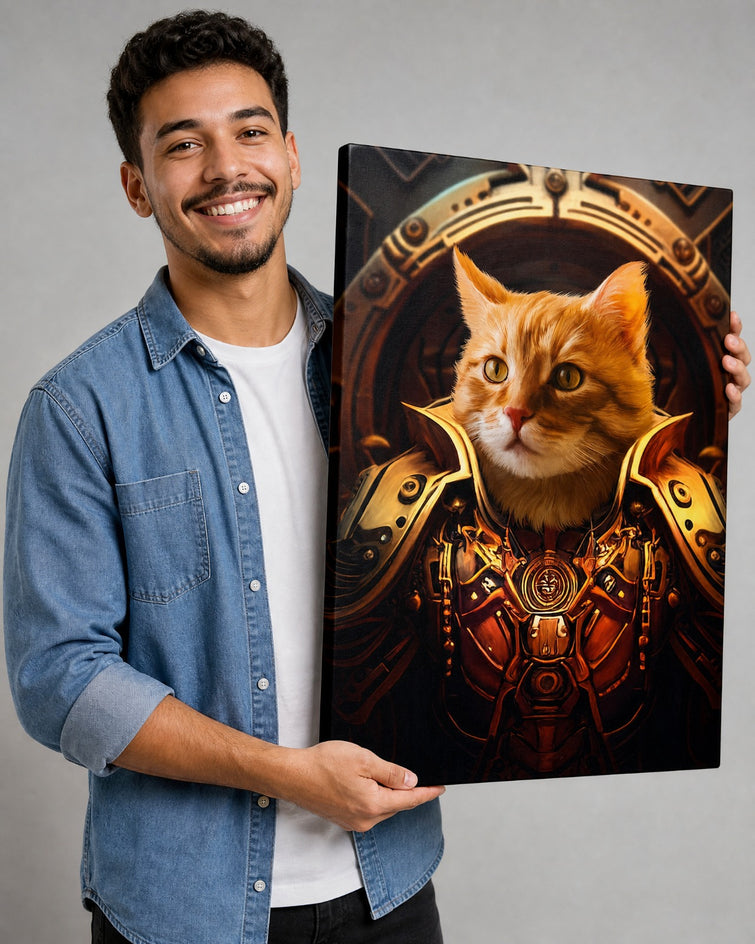 Gato Guerreiro de Armadura Dourada — Quadro Personalizado de Gato