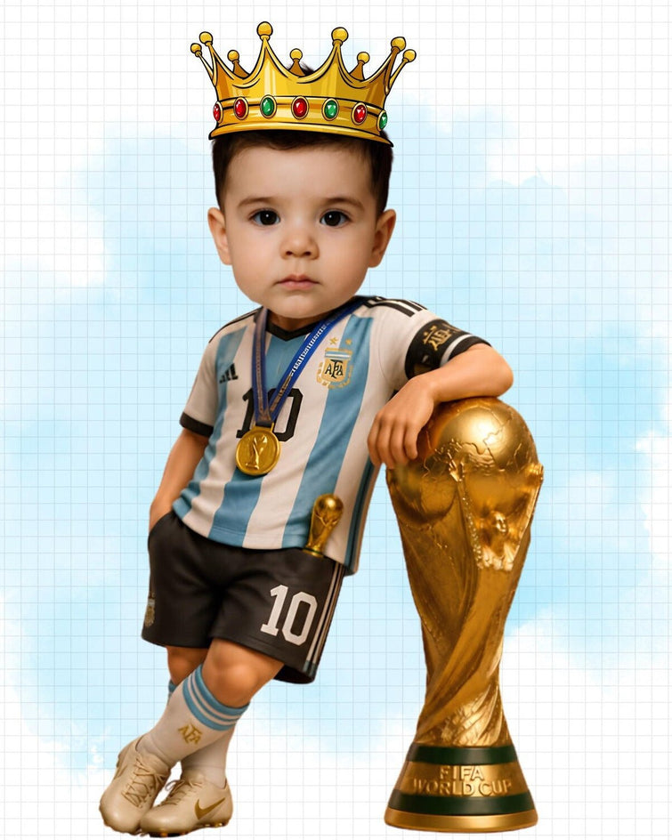 Detalhe do menino com coroa, medalha, uniforme de futebol e taça dourada