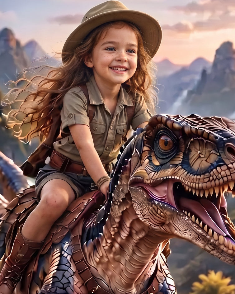 Detalhe da menina exploradora montada em dinossauro diante das montanhas ao entardecer