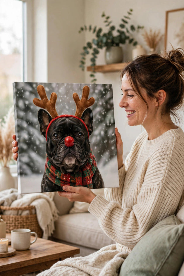 Pessoa segurando o quadro Quadro de Natal Personalizado — Rena de Focinho no tamanho grande