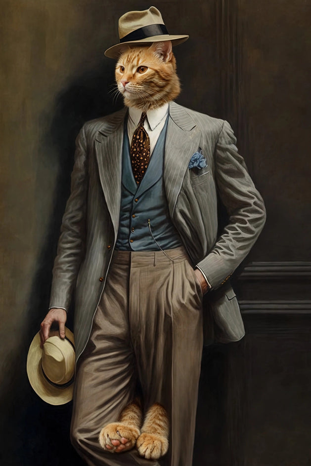 Quadro personalizado de gato laranja com terno cinza e fedora