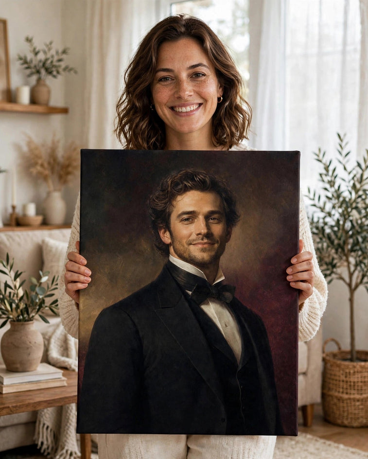 Pessoa segurando o quadro Homem Cavalheiro de Casaca — Quadro Personalizado de Homem no tamanho grande