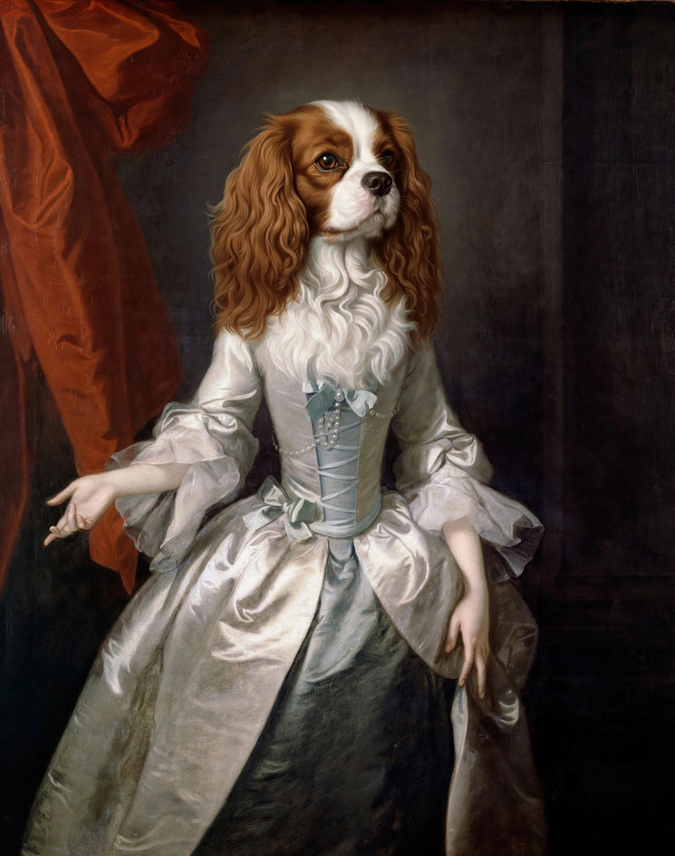 Quadro personalizado de cachorro cavalier dama do vestido de seda