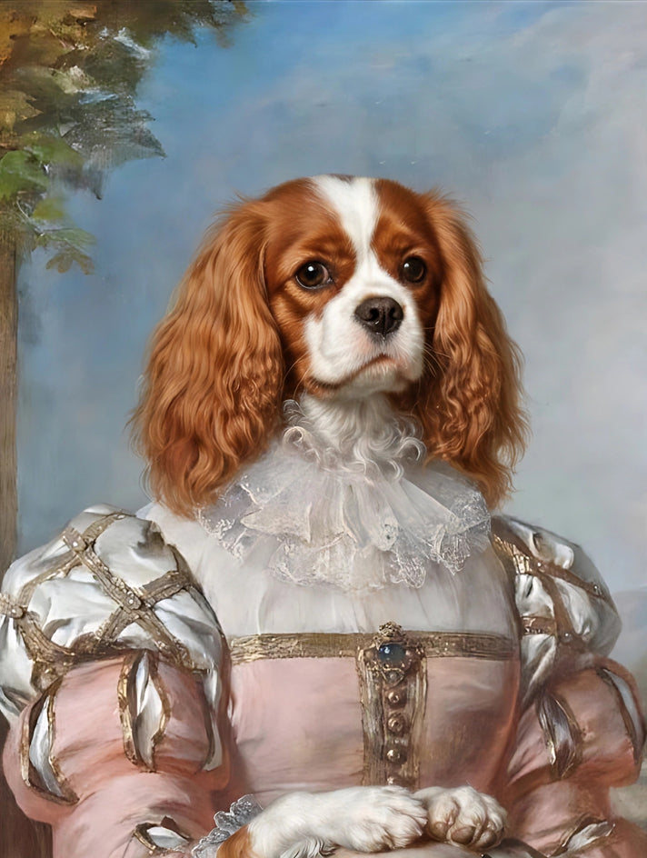 Quadro personalizado de cachorro com vestido rosé com mangas prateadas de brocado e gola alta de renda branca