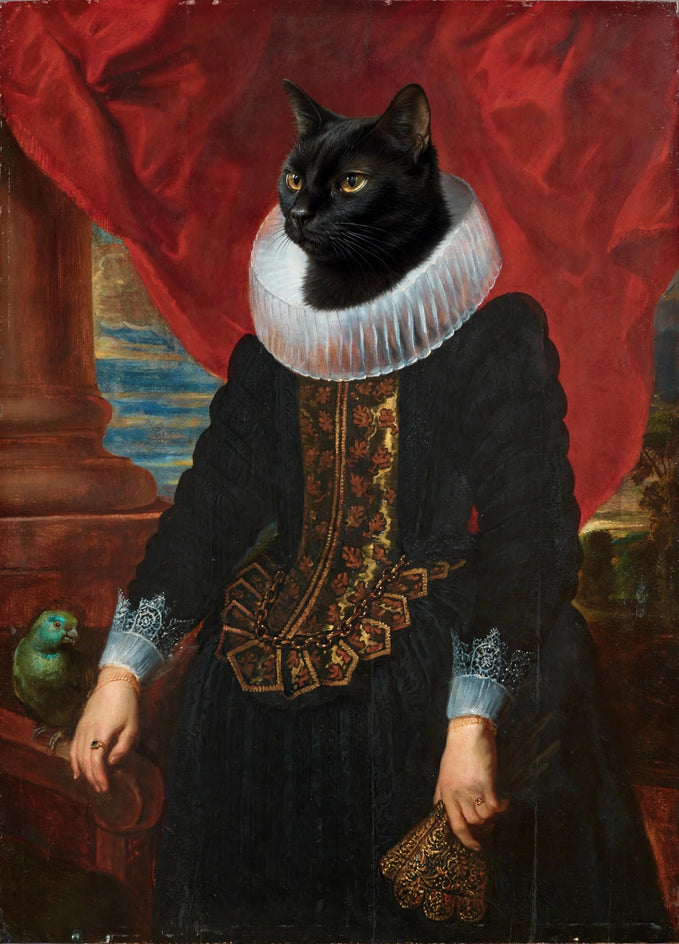 Quadro personalizado de gato preto como dama em vestido negro