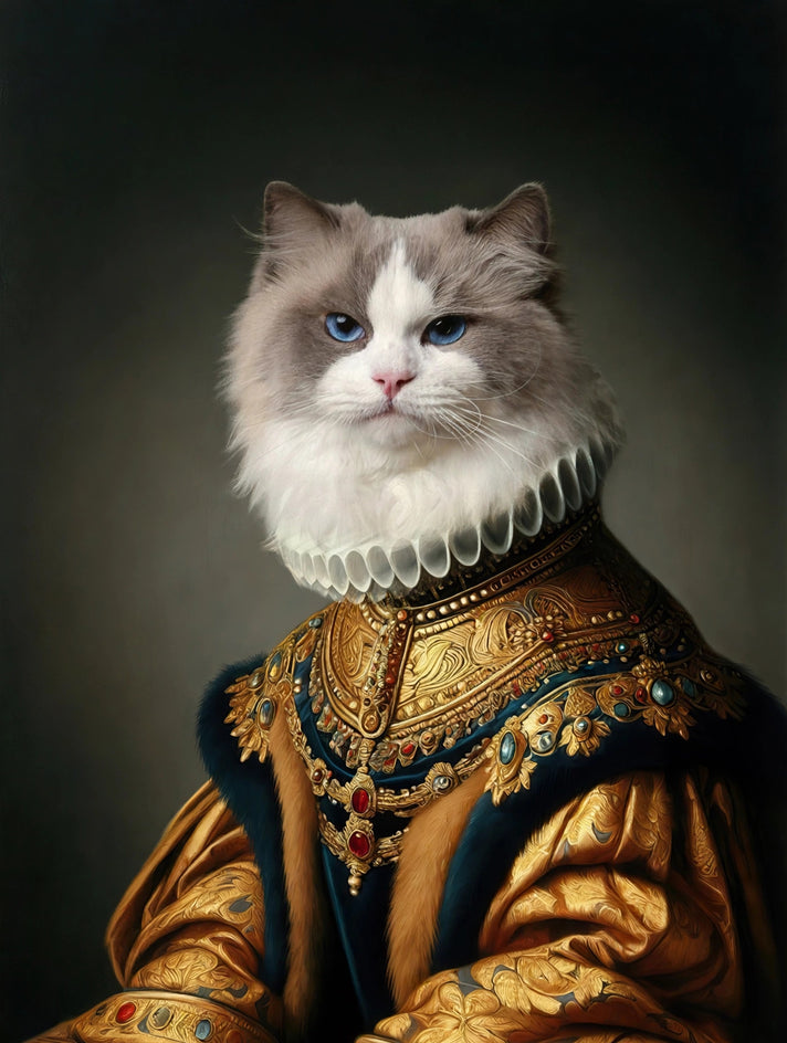Quadro personalizado de gato ragdoll em traje dourado