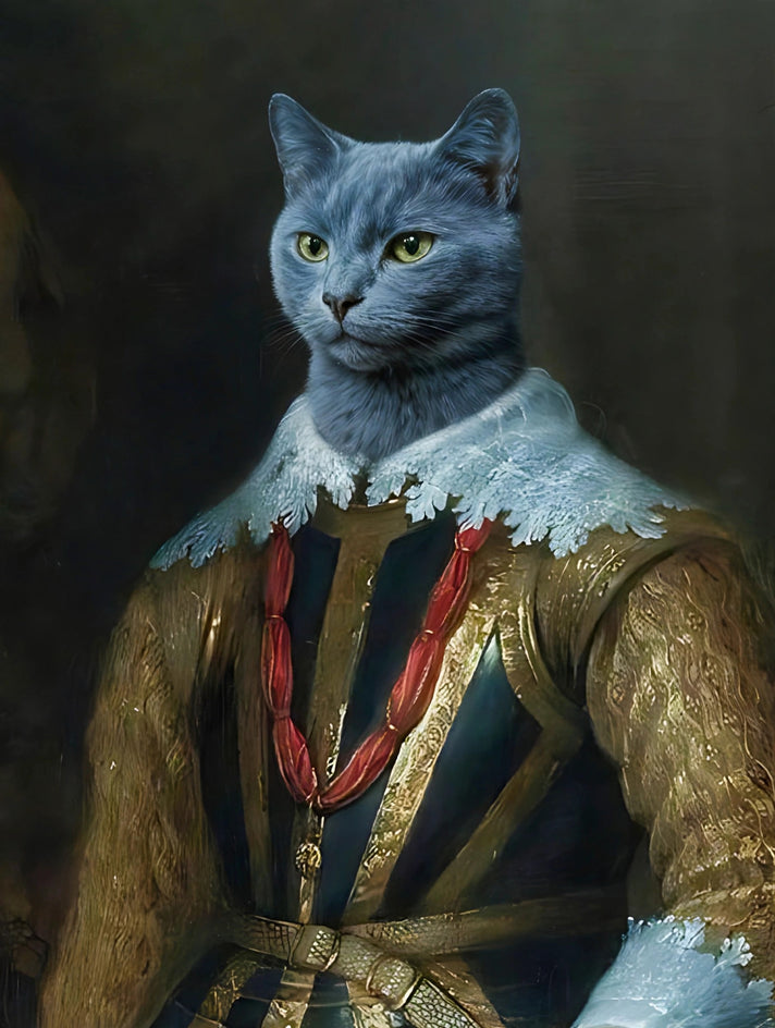 Quadro personalizado de gato azul com gibão dourado