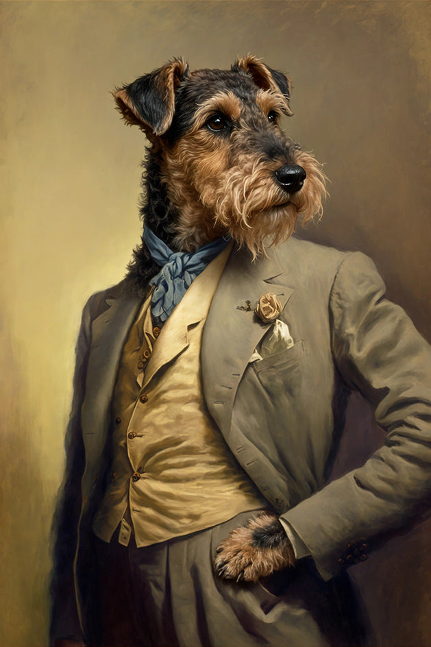 Quadro personalizado de cachorro airedale terrier com terno bege