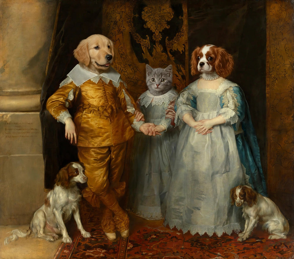 Retrato de quatro cães e uma gata em trajes de corte do século XVIII, em um salão ornamentado.