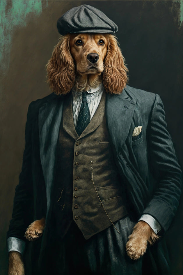 Quadro personalizado de cachorro cocker spaniel com terno verde e boina