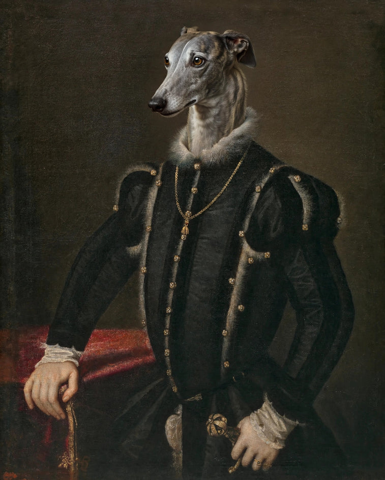 Quadro personalizado de cachorro galgo como cavalheiro em gibão negro
