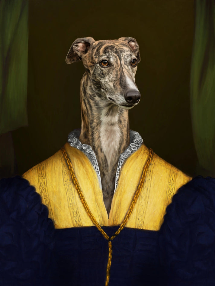 Quadro personalizado de cachorro com corpete amarelo de brocado com saia azul-marinho e colar de renda