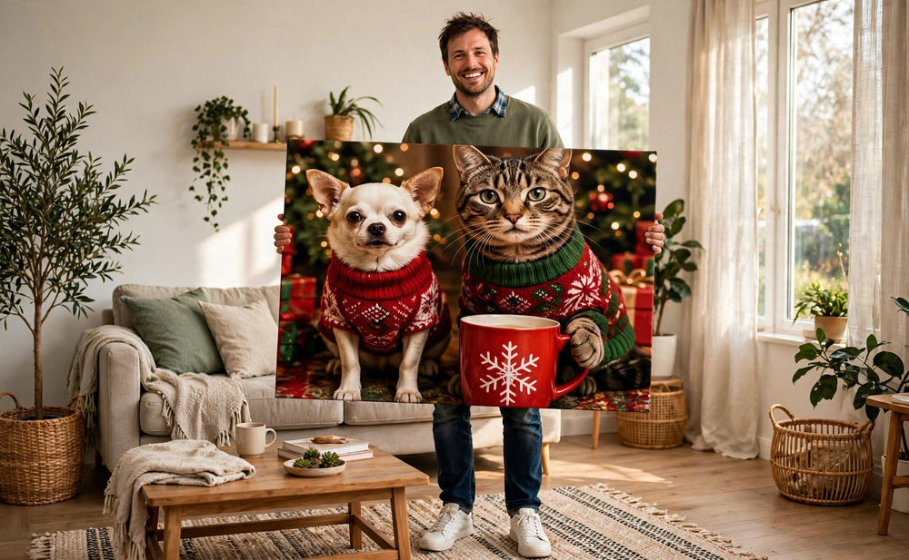 Pessoa segurando o quadro Dupla de Suéter de Natal — Retrato Personalizado para Qualquer Pet no tamanho grande