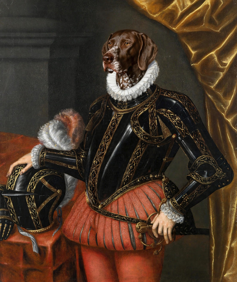 Quadro personalizado de cachorro pointer como guerreiro em armadura negra