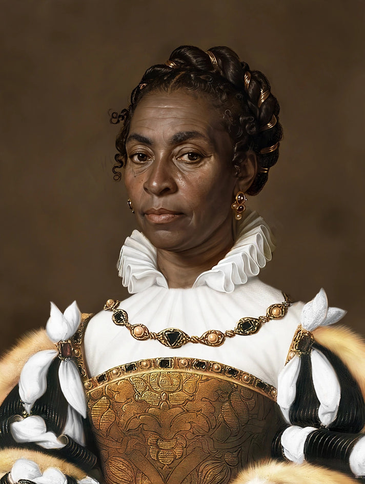 Quadro personalizado de mulher com corpete tudor preto e dourado com colar de joias e gola branca de babados