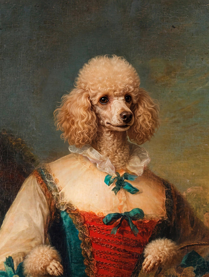 Quadro personalizado de cachorro com corpete vermelho de veludo com mangas turquesa bufantes e laços azuis