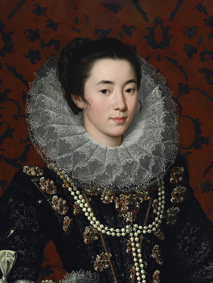 Quadro personalizado de mulher com vestido de brocado negro com bordados dourados