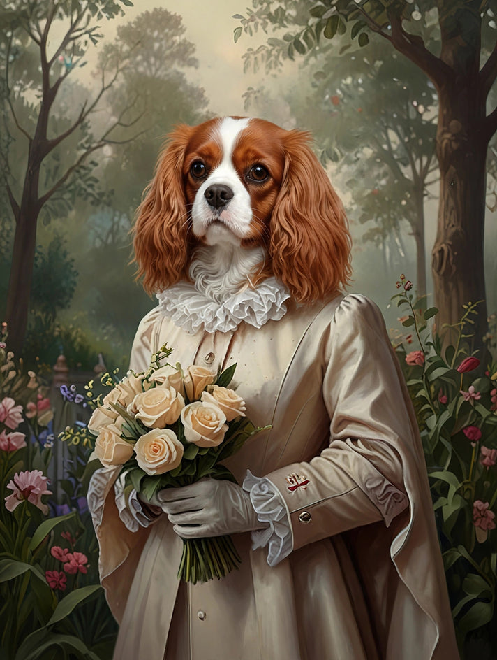 Quadro personalizado de cachorro cavalier em vestido marfim no jardim