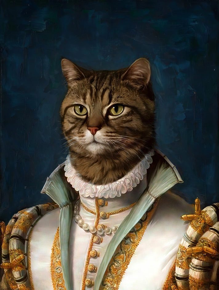 Quadro personalizado de gato com gibão verde e dourado com mangas bufantes e gola de babados brancos
