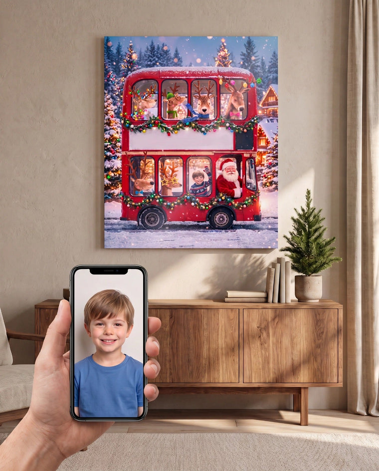 Menino no Ônibus do Papai Noel — Quadro Personalizado de Criança - SUA FOTO VIROU ARTE