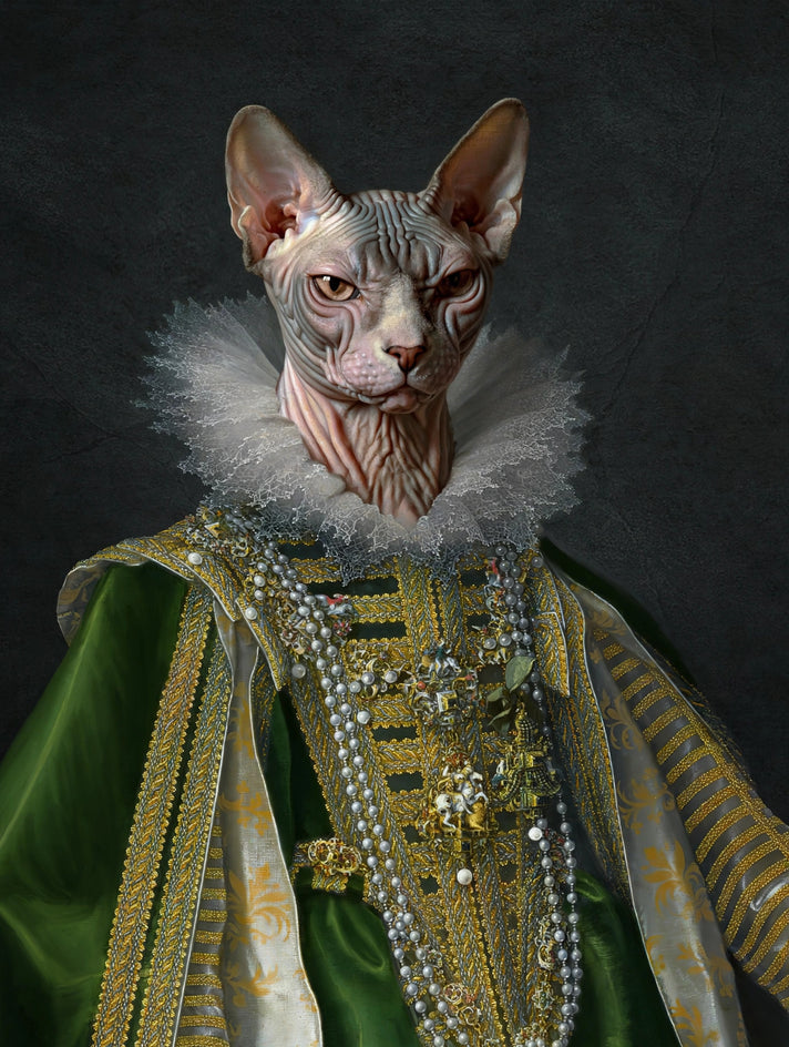 Quadro personalizado de gato com casaco de brocado verde e dourado com fios de pérolas e gola de babados