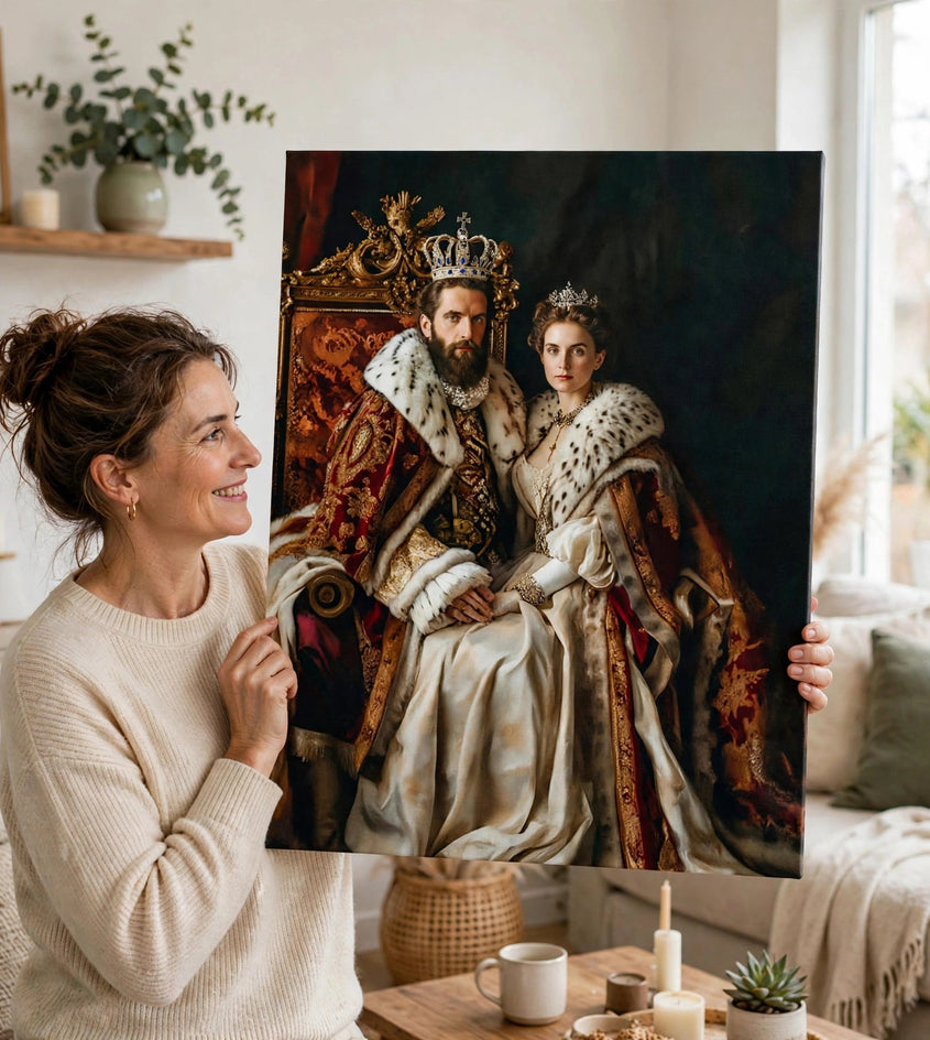 Pessoa segurando o quadro Quadro Personalizado de Casal — Trono Dourado no tamanho grande