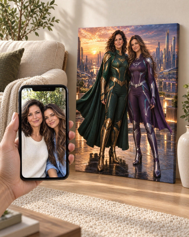 Foto original no celular ao lado do quadro pronto