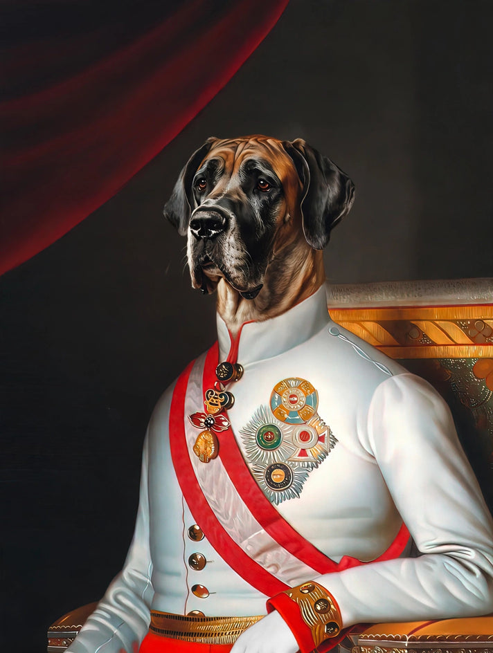 Quadro personalizado de cachorro com uniforme branco de gala com faixa vermelha