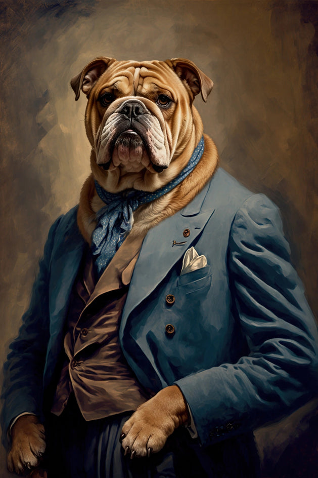 Quadro personalizado de cachorro bulldog com casaco azul