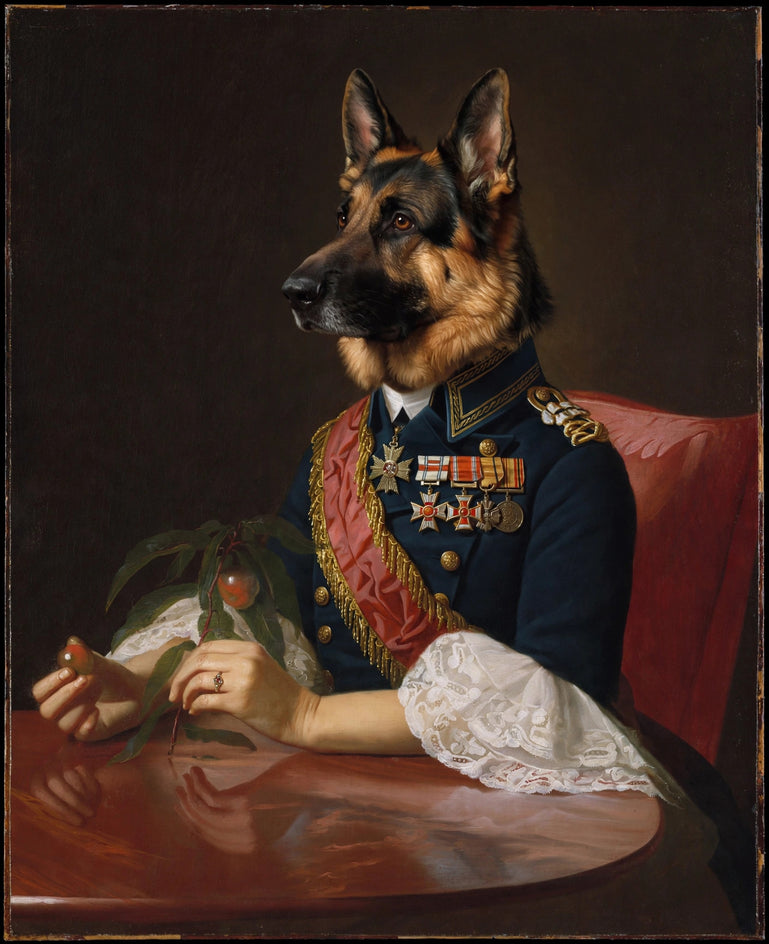 Quadro personalizado de cachorro pastor alemão à mesa real