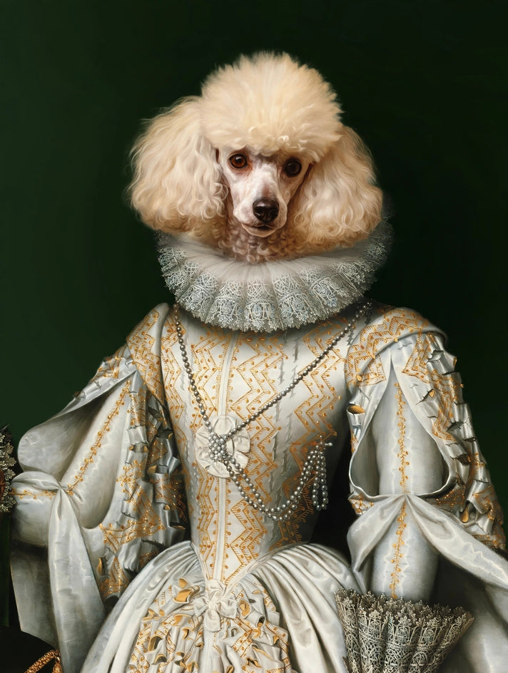 Quadro personalizado de cachorro com vestido de brocado branco e dourado com bordados delicados e gola de babados