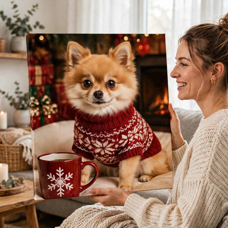Pessoa segurando o quadro Quadro de Natal Personalizado — Chocolate com Lulu no tamanho grande
