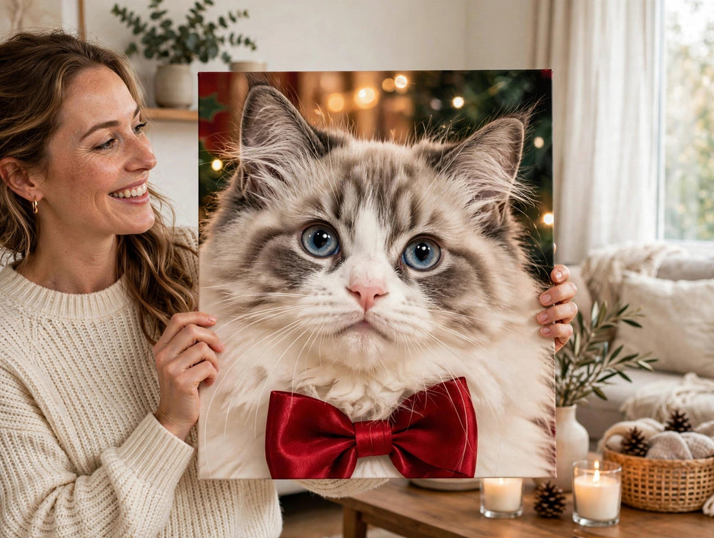 Pessoa segurando o quadro Quadro de Natal Personalizado — Laço Festivo no tamanho grande